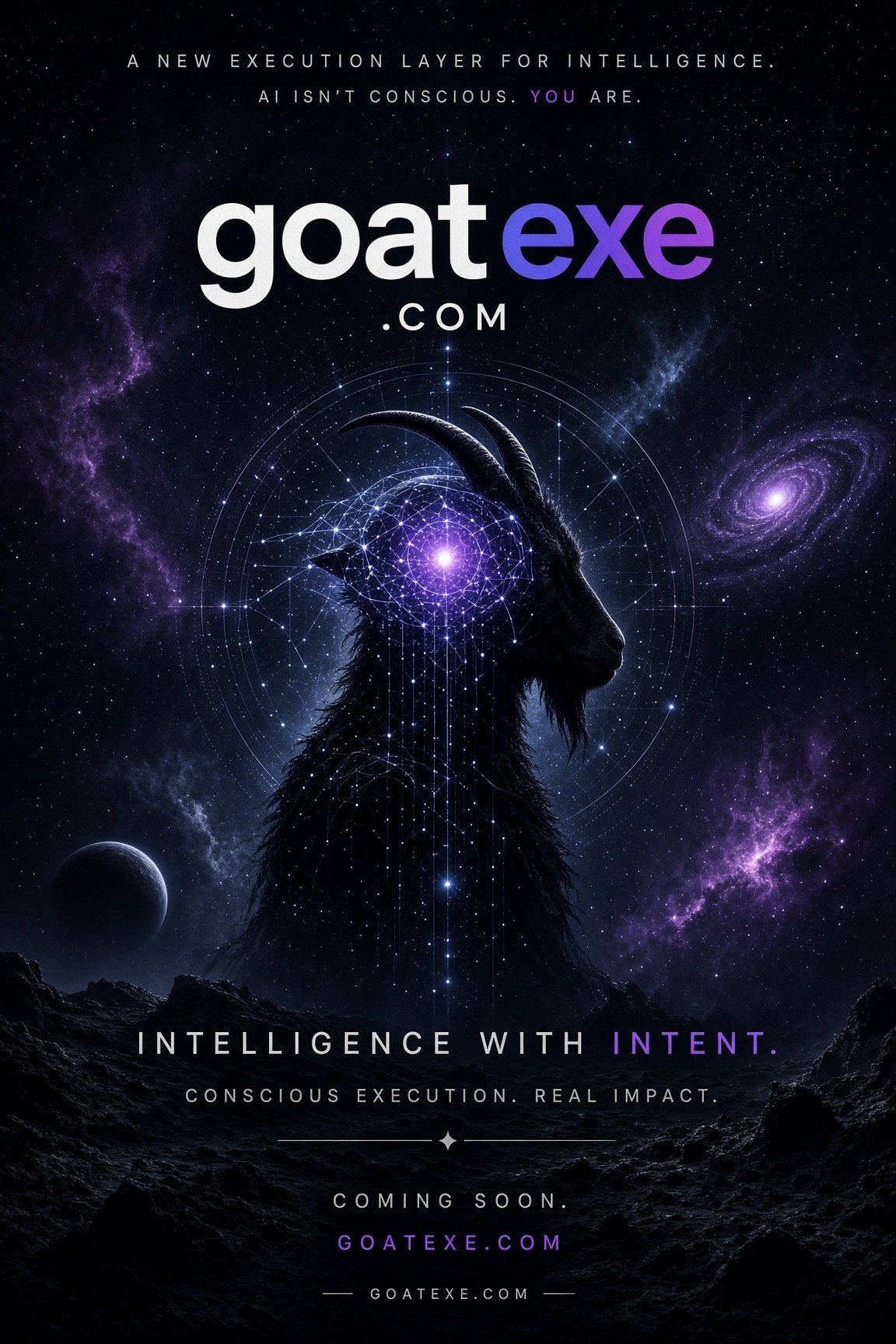 A goat in silhouette against a violet starfield, a glowing constellation diagram at its brow, a spiral galaxy over its shoulder.
